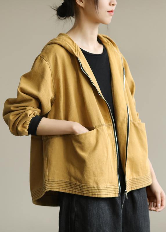 Bohemian hooded zippered Plus Size fall clothes For Women yellow loose outwears - SooLinen