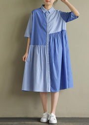 Bohemian lapel half sleeve Cotton Tunic Sewing blue striped Dress summer - SooLinen