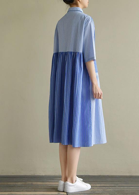 Bohemian lapel half sleeve Cotton Tunic Sewing blue striped Dress summer - SooLinen