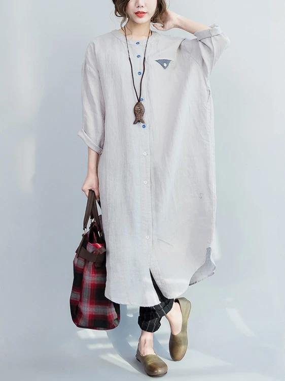 Bohemian o neck Batwing Sleeve cotton spring gray Robe Long Shirts Dress - SooLinen