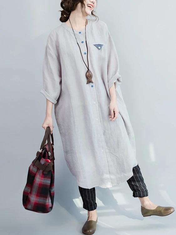 Bohemian o neck Batwing Sleeve cotton spring gray Robe Long Shirts Dress - SooLinen