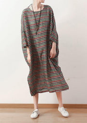 Bohemian o neck Batwing Sleeve linen dress pattern green striped  Dress - SooLinen