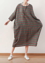 Bohemian o neck Batwing Sleeve linen dress pattern green striped  Dress - SooLinen