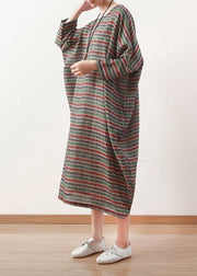 Bohemian o neck Batwing Sleeve linen dress pattern green striped  Dress - SooLinen