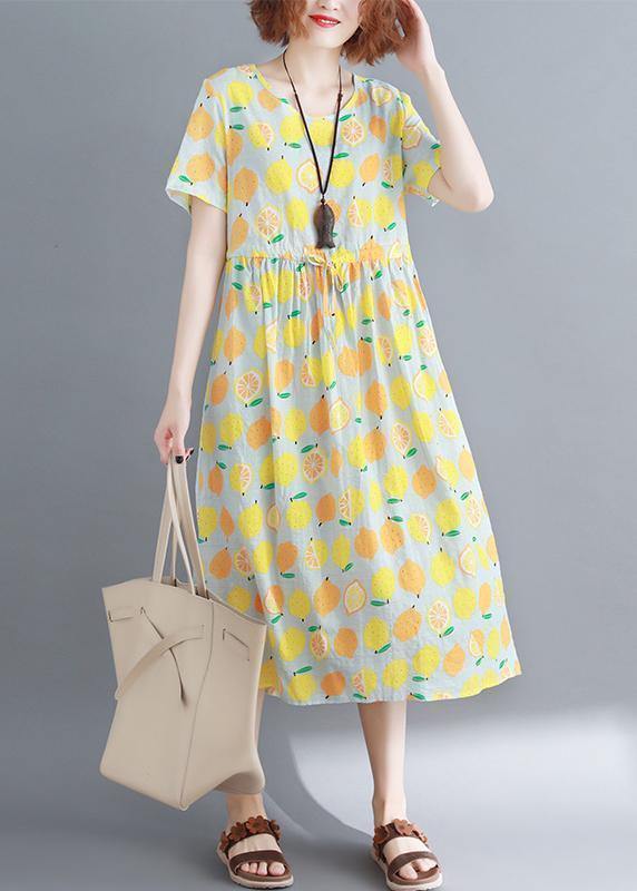 Bohemian o neck drawstring cotton clothes yellow print Traveling Dress summer - SooLinen