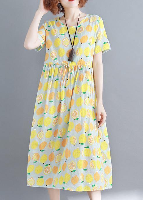 Bohemian o neck drawstring cotton clothes yellow print Traveling Dress summer - SooLinen