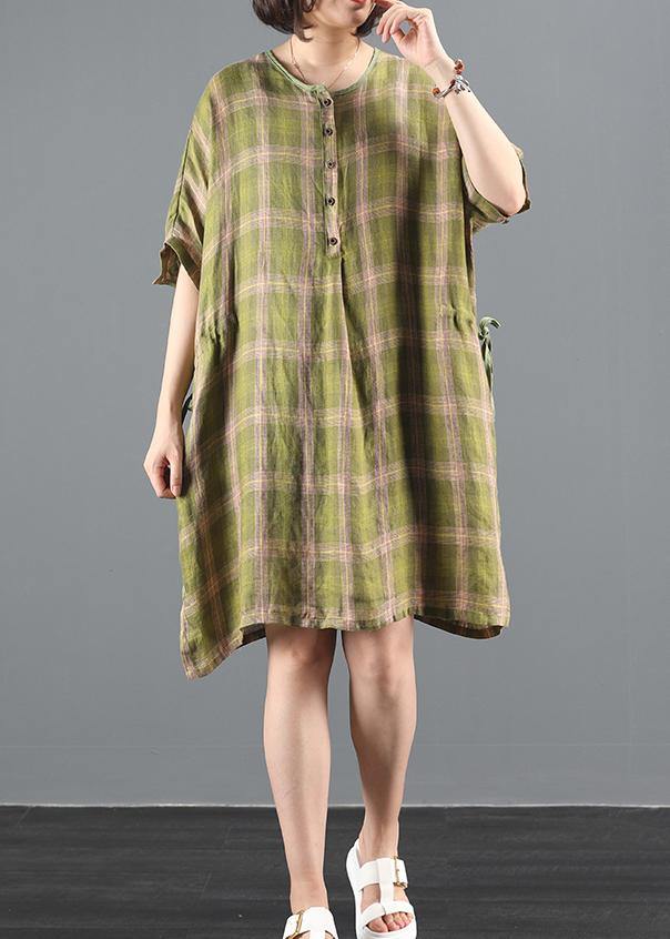 Bohemian o neck drawstring summer clothes Inspiration green plaid Dress - SooLinen