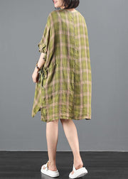 Bohemian o neck drawstring summer clothes Inspiration green plaid Dress - SooLinen