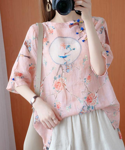 Bohemian o neck half sleeve blouses for women Shirts pink print tops - SooLinen