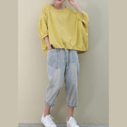 Bohemian o neck lantern sleeve linen box top Shirts yellow shirts - SooLinen