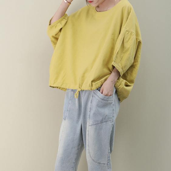 Bohemian o neck lantern sleeve linen box top Shirts yellow shirts - SooLinen