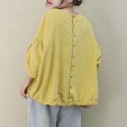 Bohemian o neck lantern sleeve linen box top Shirts yellow shirts - SooLinen