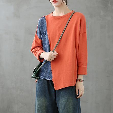 Bohemian o neck patchwork clothes Photography orange tops - SooLinen