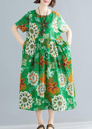 Bohemian o neck patchwork cotton green print Plus Size Dresses summer - SooLinen