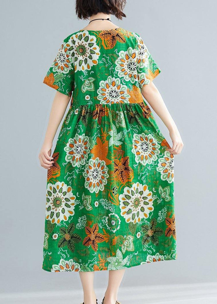 Bohemian o neck patchwork cotton green print Plus Size Dresses summer - SooLinen