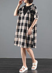 Bohemian o neck patchwork summer clothes linen black plaid Dresses - SooLinen