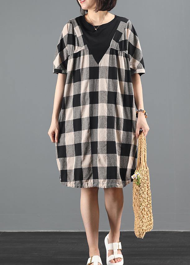 Bohemian o neck patchwork summer clothes linen black plaid Dresses - SooLinen