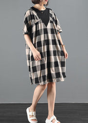 Bohemian o neck patchwork summer clothes linen black plaid Dresses - SooLinen