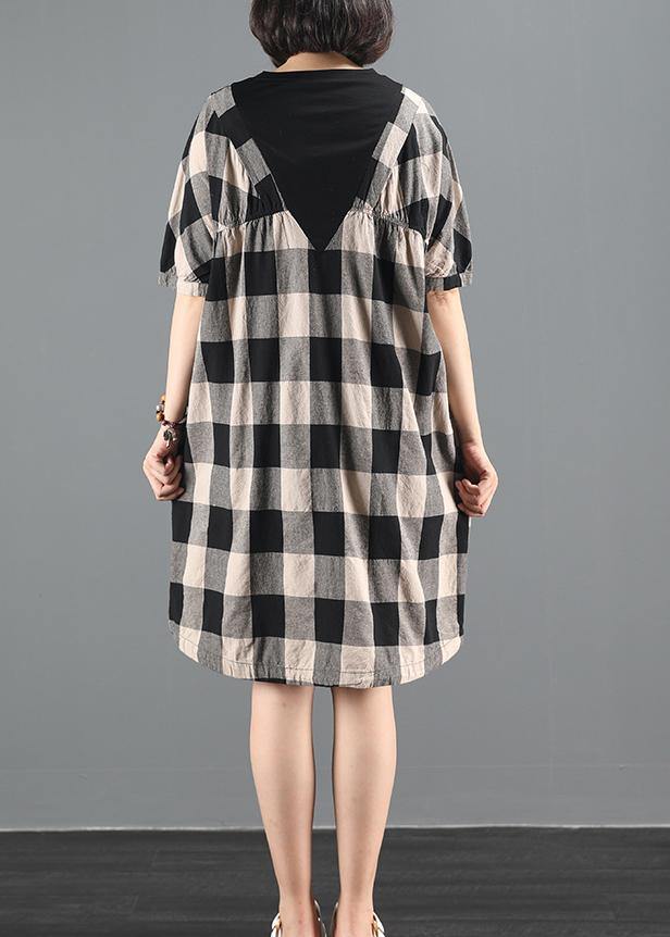 Bohemian o neck patchwork summer clothes linen black plaid Dresses - SooLinen