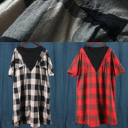 Bohemian o neck patchwork summer clothes linen black plaid Dresses - SooLinen