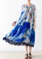 Bohemian o neck pockets chiffon Long Shirts Indian Sleeve blue print Dress Summer - SooLinen