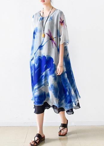 Bohemian o neck pockets chiffon Long Shirts Indian Sleeve blue print Dress Summer - SooLinen