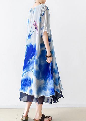 Bohemian o neck pockets chiffon Long Shirts Indian Sleeve blue print Dress Summer - SooLinen