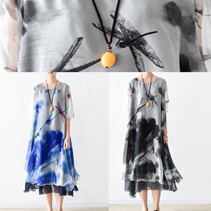 Bohemian o neck pockets chiffon Long Shirts Indian Sleeve blue print Dress Summer - SooLinen