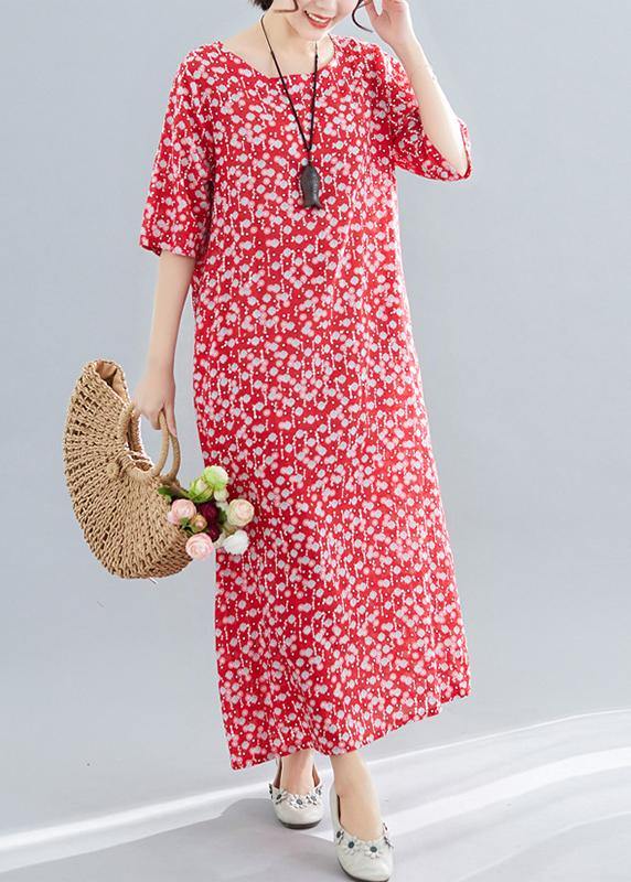 Bohemian o neck pockets linen cotton clothes Tutorials red print Dresses summer - SooLinen