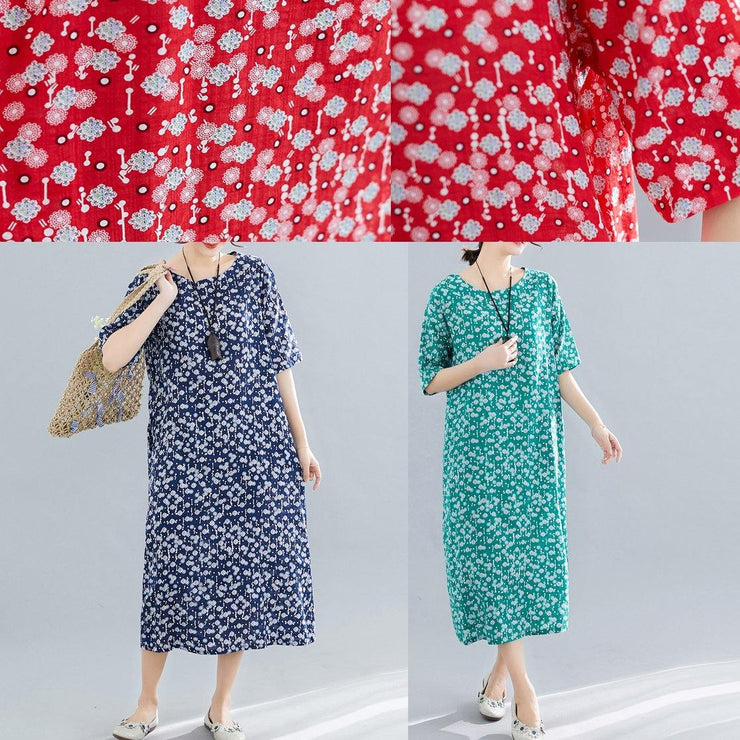 Bohemian o neck pockets linen cotton clothes Tutorials red print Dresses summer - SooLinen