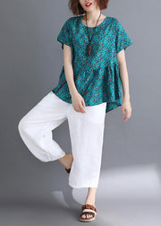 Sold Out-Bohemian o neck Cinched cotton shirts Wardrobes green print blouse summer - SooLinen