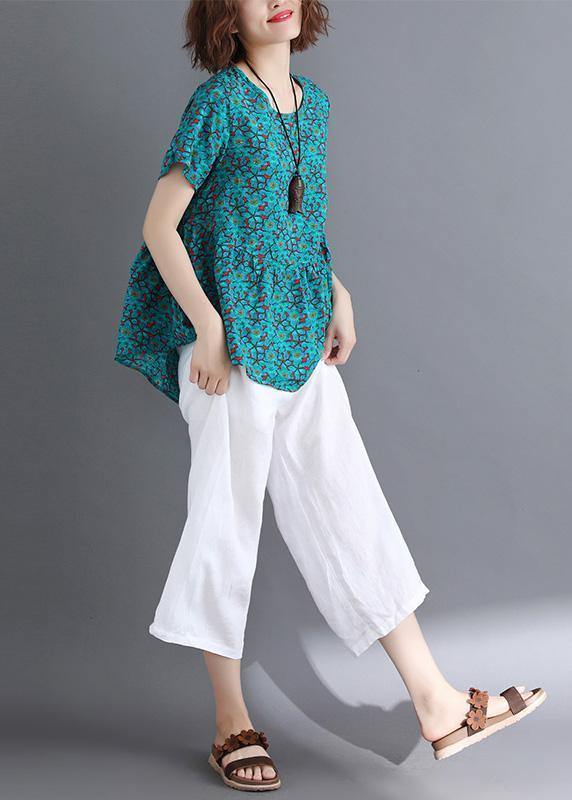 Sold Out-Bohemian o neck Cinched cotton shirts Wardrobes green print blouse summer - SooLinen