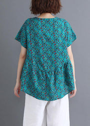 Sold Out-Bohemian o neck Cinched cotton shirts Wardrobes green print blouse summer - SooLinen