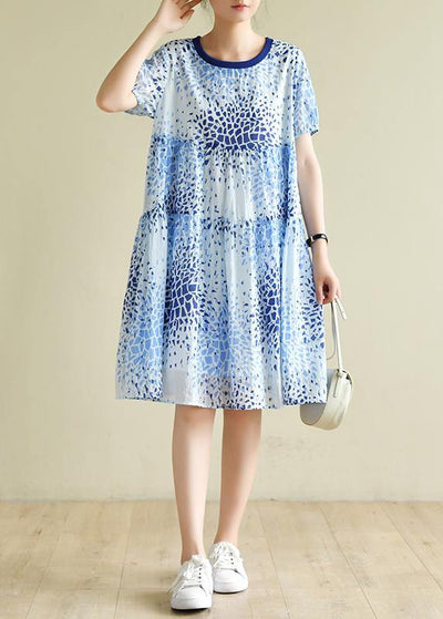 Bohemian o neck Cinched summer Tunics Fashion Ideas blue print Dresses - SooLinen