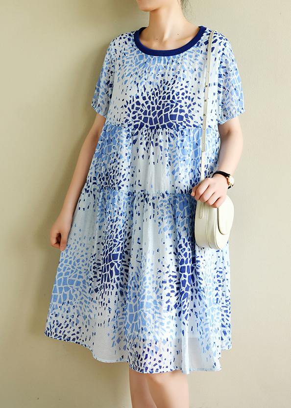 Bohemian o neck Cinched summer Tunics Fashion Ideas blue print Dresses - SooLinen