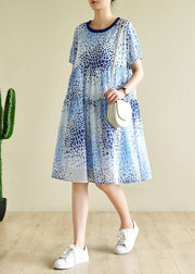 Bohemian o neck Cinched summer Tunics Fashion Ideas blue print Dresses - SooLinen