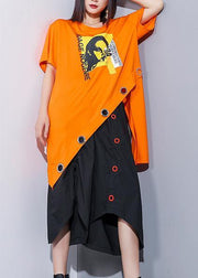 Sold-Out Bohemian orange cotton clothes o neck asymmetric oversized summer top - SooLinen