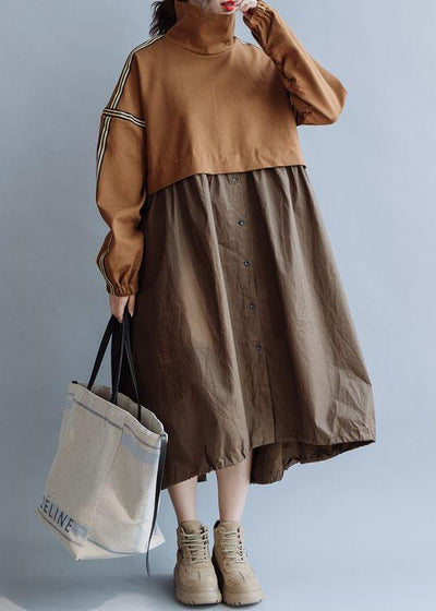 Bohemian patchwork high neck cotton clothes Women Work Outfits brown Traveling Dresses fall - SooLinen