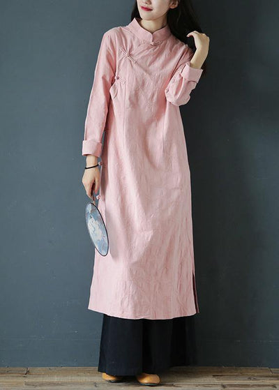 Bohemian pink Wardrobes stand collar Chinese Button Traveling Dress - SooLinen