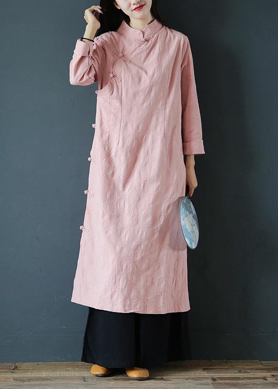 Bohemian pink Wardrobes stand collar Chinese Button Traveling Dress - SooLinen