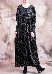 Bohemian prints velour dresses Work black v neck Kaftan Dress fall - SooLinen