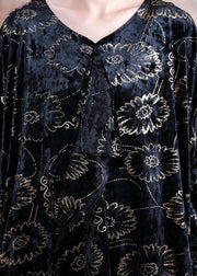 Bohemian prints velour dresses Work black v neck Kaftan Dress fall - SooLinen