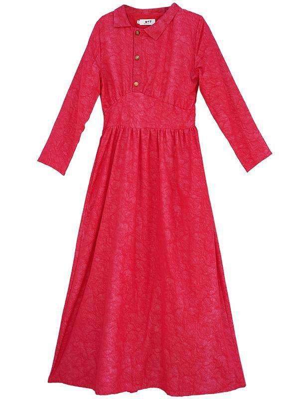 Bohemian red Jacquard clothes For Women lapel patchwork Dresses spring Dresses - SooLinen