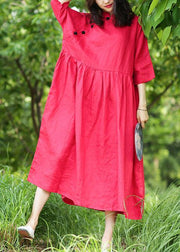 Bohemian red cotton Tunics stand collar Cinched A Line Dresses - SooLinen