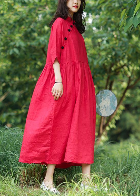 Bohemian red cotton Tunics stand collar Cinched A Line Dresses - SooLinen