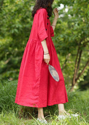 Bohemian red cotton Tunics stand collar Cinched A Line Dresses - SooLinen