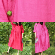 Bohemian red cotton Tunics stand collar Cinched A Line Dresses - SooLinen