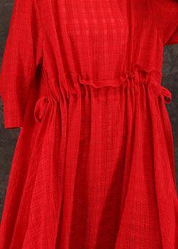 Bohemian red linen clothes For Women o neck drawstring Art summer Dress - SooLinen