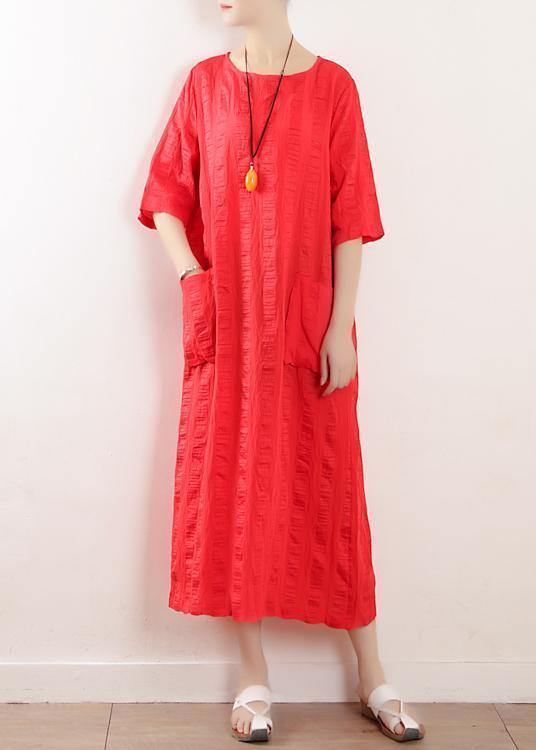 Bohemian red o neck linen clothes For Women half sleeve Kaftan summer Dress - SooLinen