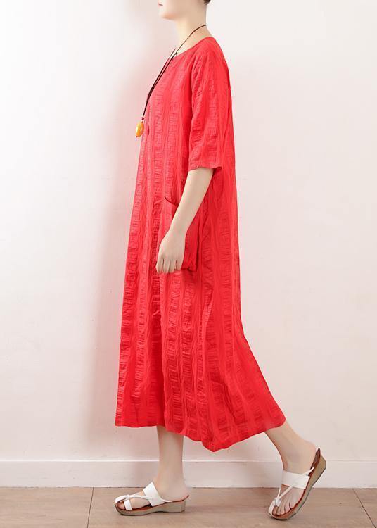 Bohemian red o neck linen clothes For Women half sleeve Kaftan summer Dress - SooLinen